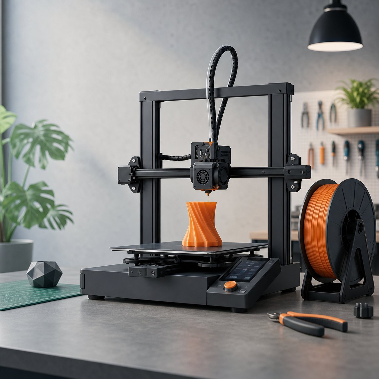 Une imprimante 3D FDM en train d'imprimer un vase orange, couche par couche
